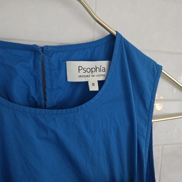 Psophia Cobalt Blue Ruffle Midi Dress Sleeveless Belted Size Small 100% Cotton - Picture 3 of 9